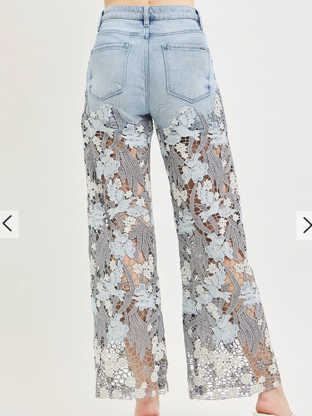 R1--SHIPPED ARRIVES 6/5) GORGEOUS🔥Light Wash Denim Jeans with Blue Floral Lace - Picture 2 of 3